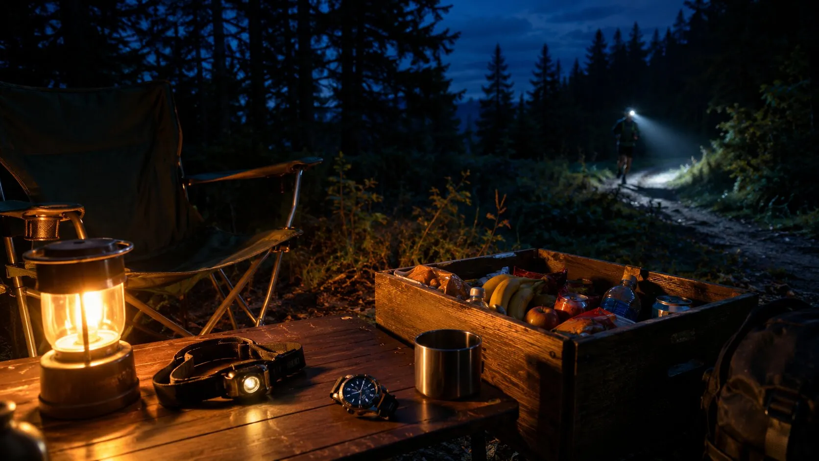 Symbolbild: Basecamp bei Nacht mit Klappstuhl, Laterne, Verpflegung und Stirnlampe, im Hintergrund ein Läufer mit Stirnlampe