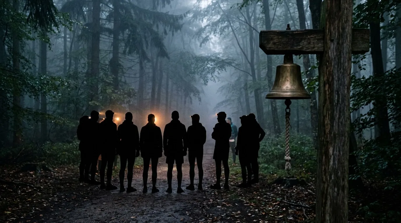Symbolbild: Läufer mit Stirnlampen warten im Nebel im Wald am Startbereich, rechts eine Glocke an einem Holzpfosten