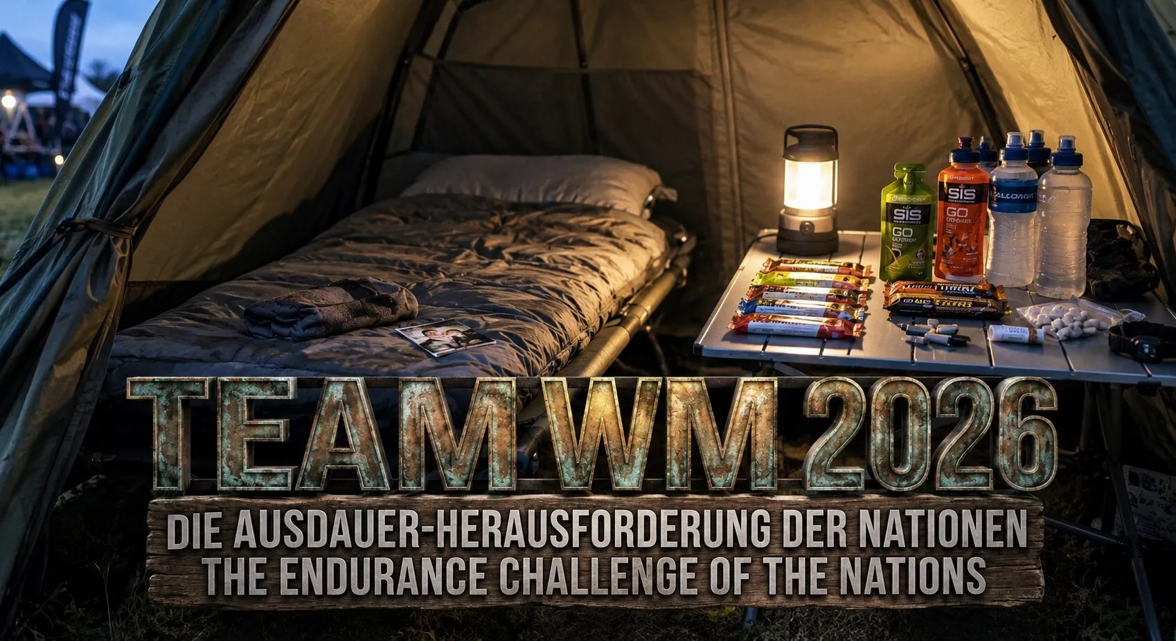 Symbolbild: Zelt in der Dämmerung mit Feldbett und Schlafsack, daneben ein Tisch mit Laterne, Riegeln, Gels und Trinkflaschen, davor der Schriftzug Team WM 2026