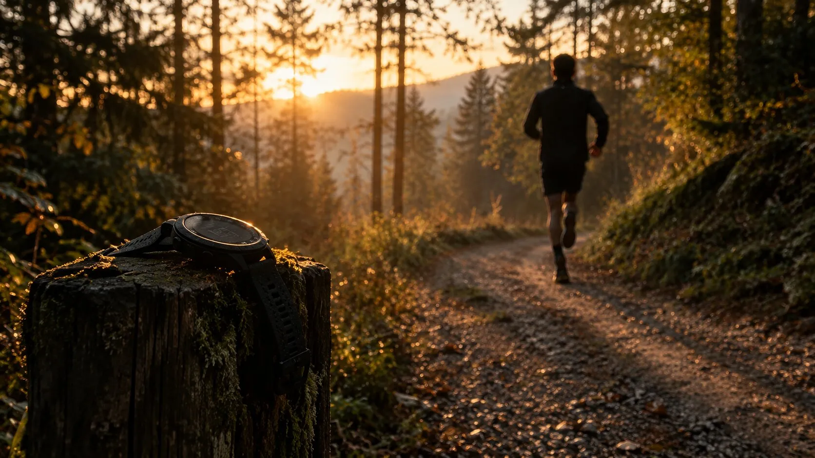 Symbolbild: Läufer auf einer Waldschleife in der Morgendämmerung, im Vordergrund eine Uhr auf einem Holzpfosten