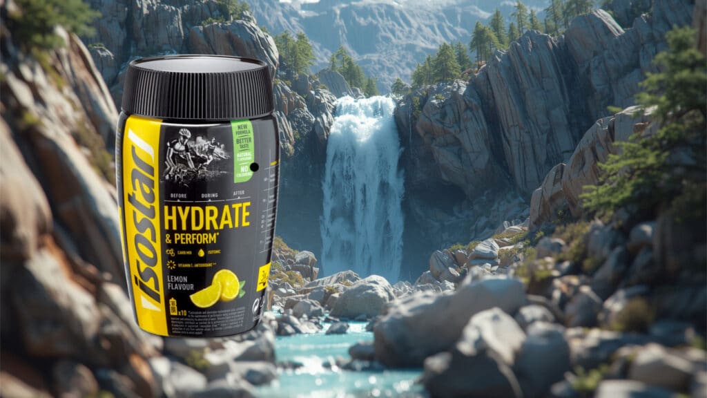 Isostar Hydrate & Perform Getränkepulver in Zitronengeschmack steht im Vordergrund einer alpinen Berglandschaft mit Wasserfall und türkisblauem Fluss – Symbol für frische Energie, Hydration und Leistung beim Trailrunning.